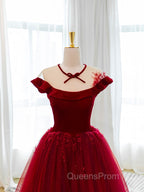 Burgundy Round Neck Tulle Lace Long Evening Prom Dress, Burgundy Evening Dress
