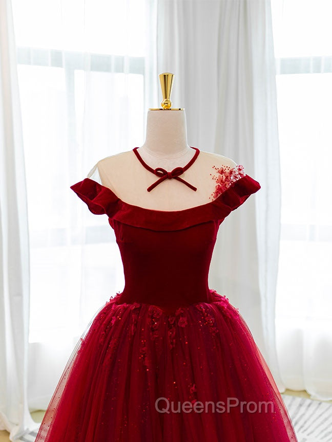 Burgundy Round Neck Tulle Lace Long Evening Prom Dress, Burgundy Evening Dress