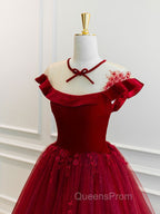 Burgundy Round Neck Tulle Lace Long Evening Prom Dress, Burgundy Evening Dress
