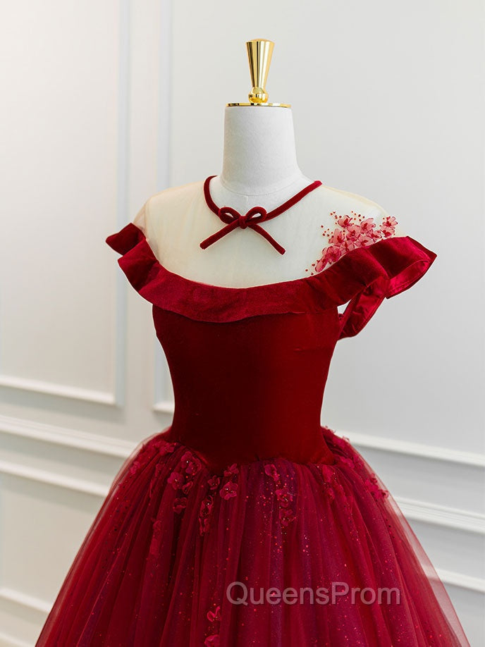 Burgundy Round Neck Tulle Lace Long Evening Prom Dress, Burgundy Evening Dress