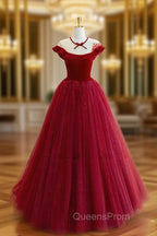 Burgundy Round Neck Tulle Lace Long Evening Prom Dress, Burgundy Evening Dress