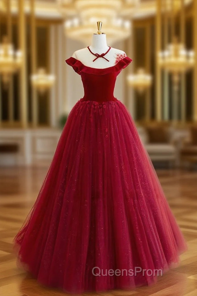Burgundy Round Neck Tulle Lace Long Evening Prom Dress, Burgundy Evening Dress