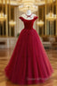 Burgundy Round Neck Tulle Lace Long Evening Prom Dress, Burgundy Evening Dress