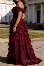 Burgundy Ruffled A-Line Square Neck Long Prom Dress