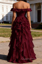 Burgundy Ruffled A-Line Square Neck Long Prom Dress