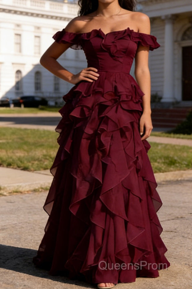 Burgundy Ruffled A-Line Square Neck Long Prom Dress Main image