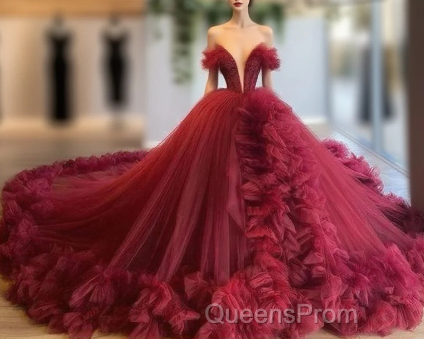 Burgundy Ruffles Wedding Dress Tulle Skirt Ball Gown Sexy Plunge V-Neck Bridal Wedding Evening Prom Gowns Main image