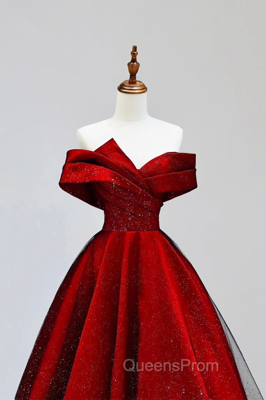 Burgundy Satin And Black Tulle Long Evening Prom Dress, Beautiful A-Line Party Dress