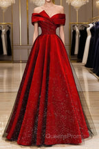 Burgundy Satin And Black Tulle Long Evening Prom Dress, Beautiful A-Line Party Dress