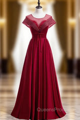 Burgundy Satin Backless Cap Sleeve Beading Pleats Evening Prom Dress