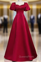 Burgundy Satin Backless Puff Sleeve Beading Evening Prom Dress