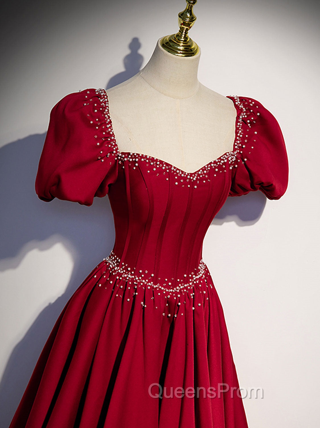 Burgundy Satin Beads Long Evening Prom Dress, Burgundy Long Evening Dress