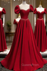 Burgundy Satin Beads Long Evening Prom Dress, Burgundy Long Evening Dress