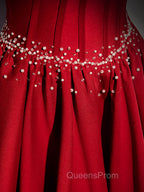 Burgundy Satin Beads Long Evening Prom Dress, Burgundy Long Evening Dress