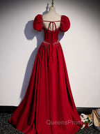 Burgundy Satin Beads Long Evening Prom Dress, Burgundy Long Evening Dress