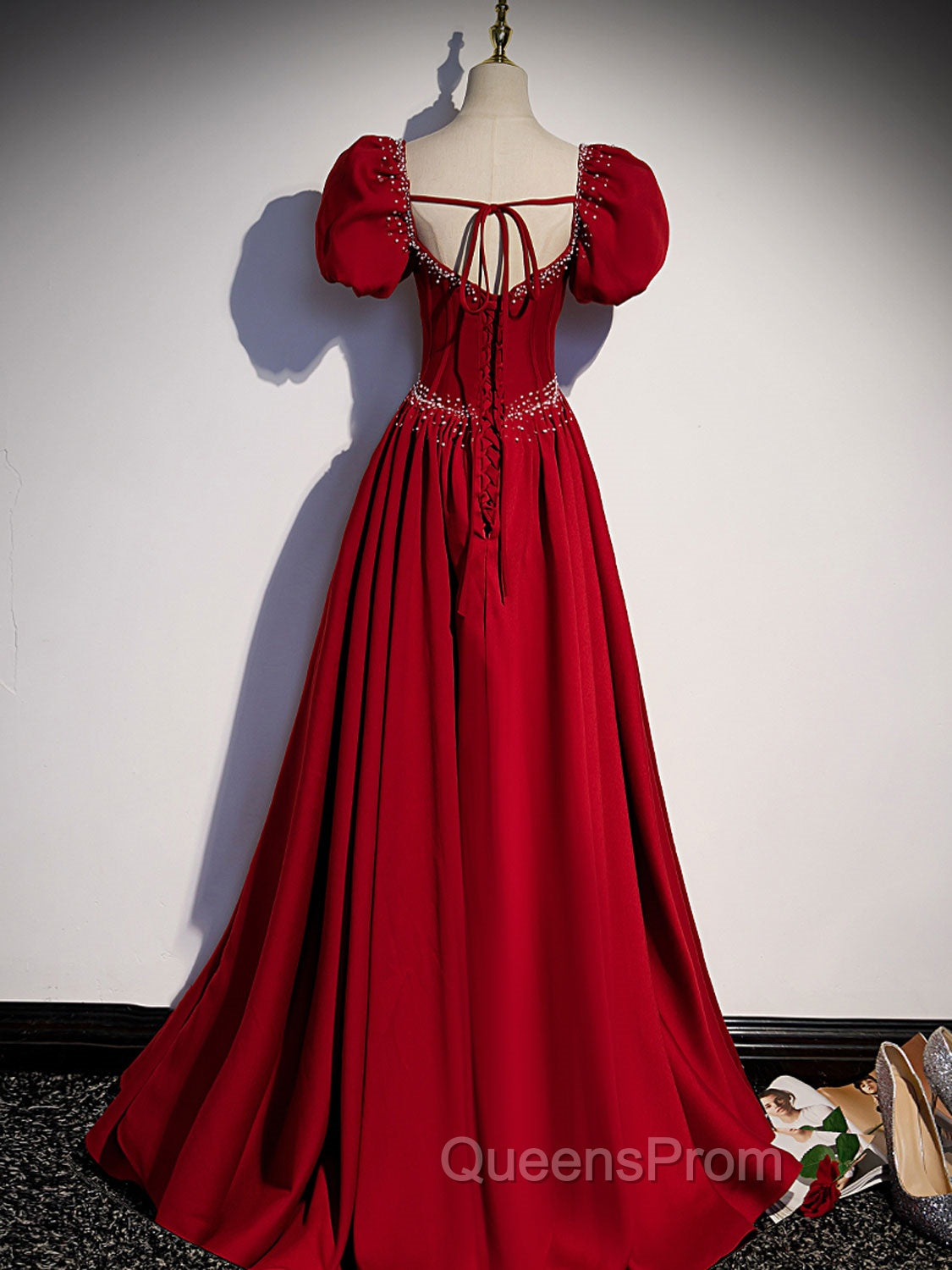 Burgundy Satin Beads Long Evening Prom Dress, Burgundy Long Evening Dress