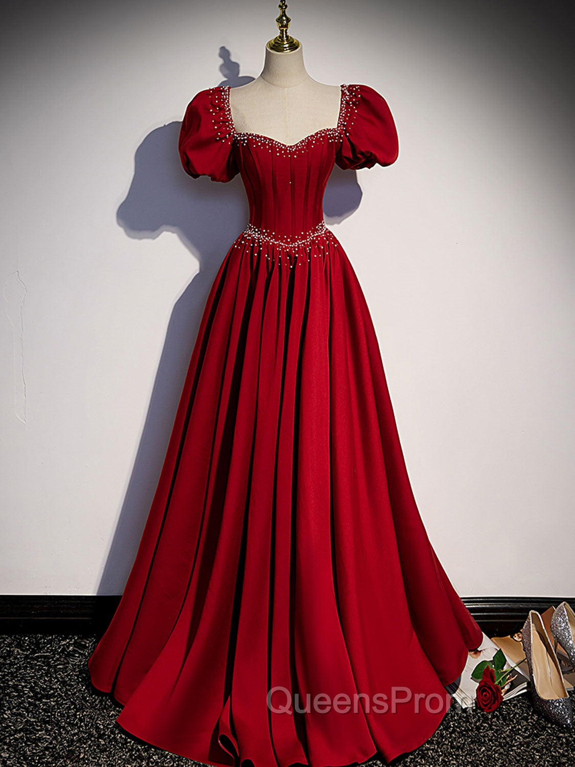 Burgundy Satin Beads Long Evening Prom Dress, Burgundy Long Evening Dress Main image