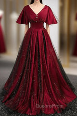 Burgundy Satin Black Tulle V-neck Evening Prom Dress