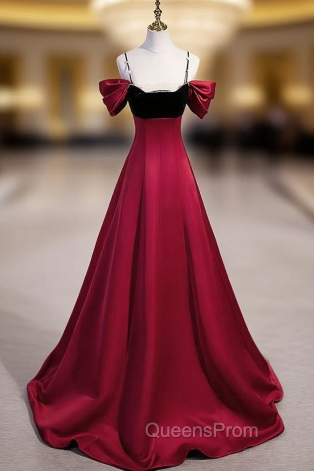 Burgundy Satin Black Velvet Spaghetti Straps Beading Evening Prom Dress
