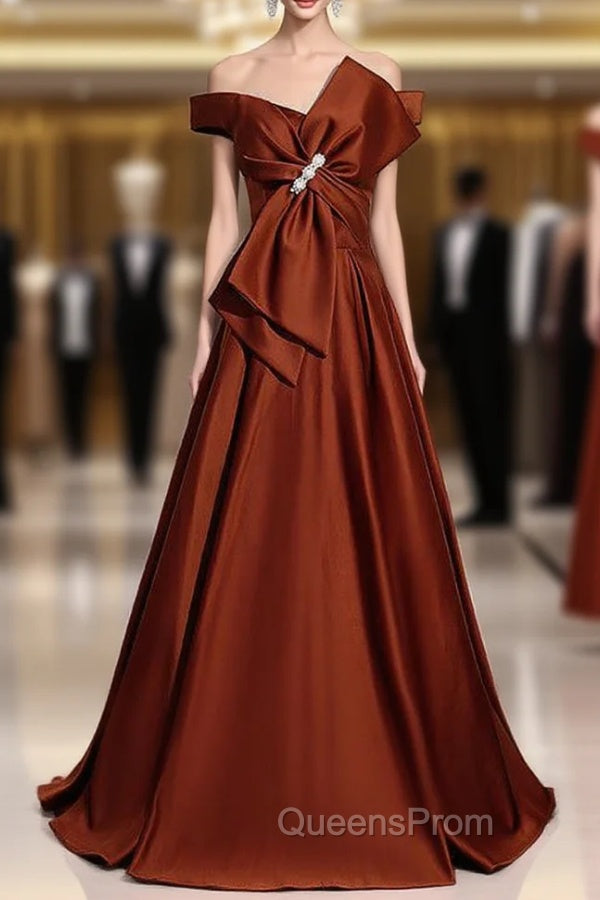Burgundy Satin Bow Off the Shoulder Evening Prom Dress