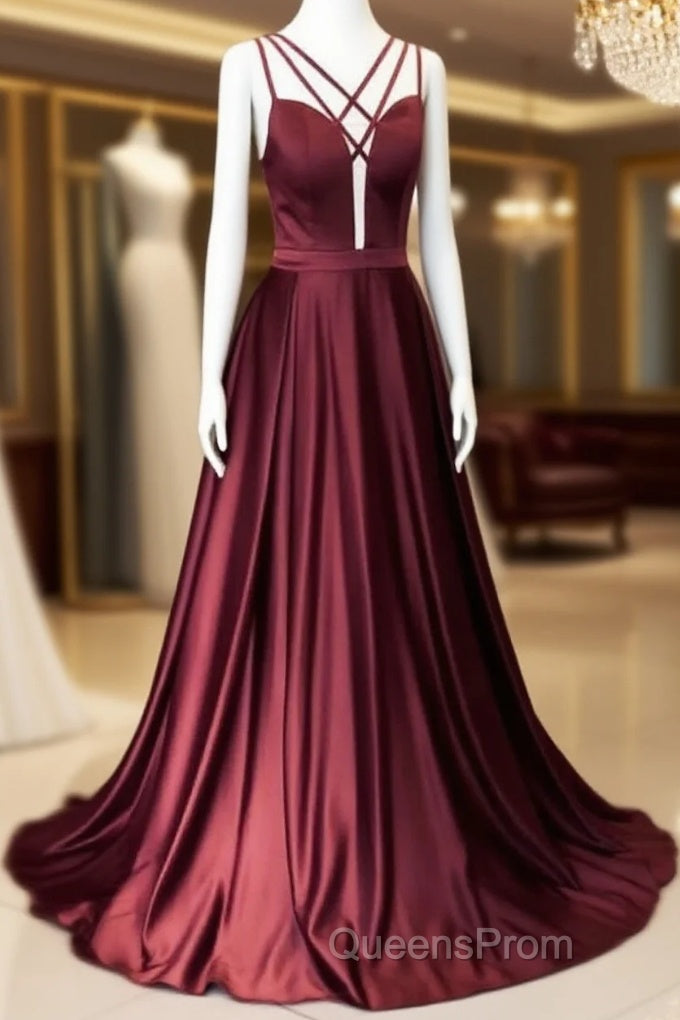 Burgundy Satin Cross Straps Long A Line Evening Prom Dress Main image