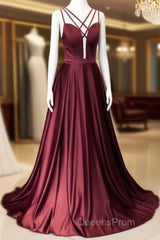 Burgundy Satin Cross Straps Long A Line Evening Prom Dress
