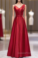Burgundy Satin Dissymmetry Neck Beading Evening Prom Dress