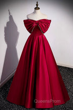 Burgundy Satin Floor Length Evening Prom Dress, A-Line Off the Shoulder Evening Party Dress