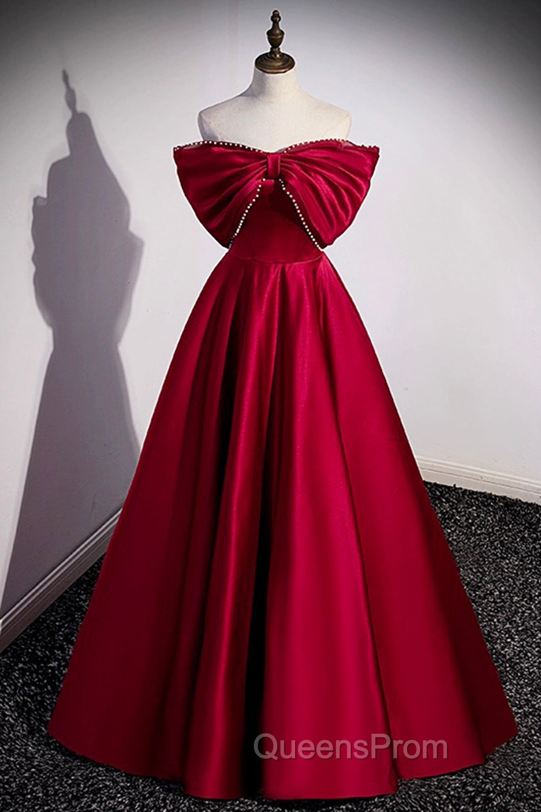 Burgundy Satin Floor Length Evening Prom Dress, A-Line Off the Shoulder Evening Party Dress