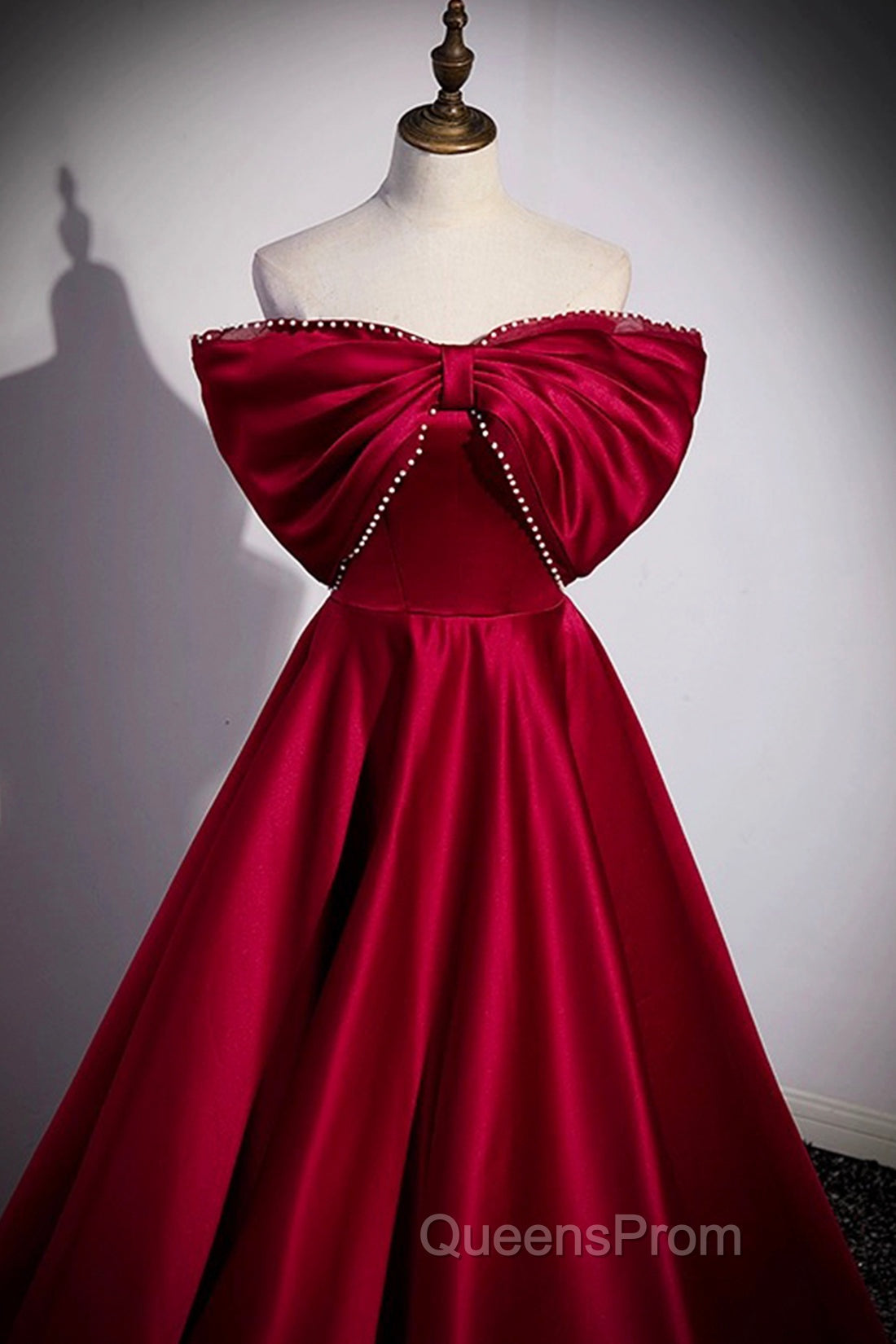 Burgundy Satin Floor Length Evening Prom Dress, A-Line Off the Shoulder Evening Party Dress