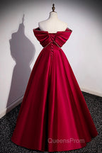 Burgundy Satin Floor Length Evening Prom Dress, A-Line Off the Shoulder Evening Party Dress