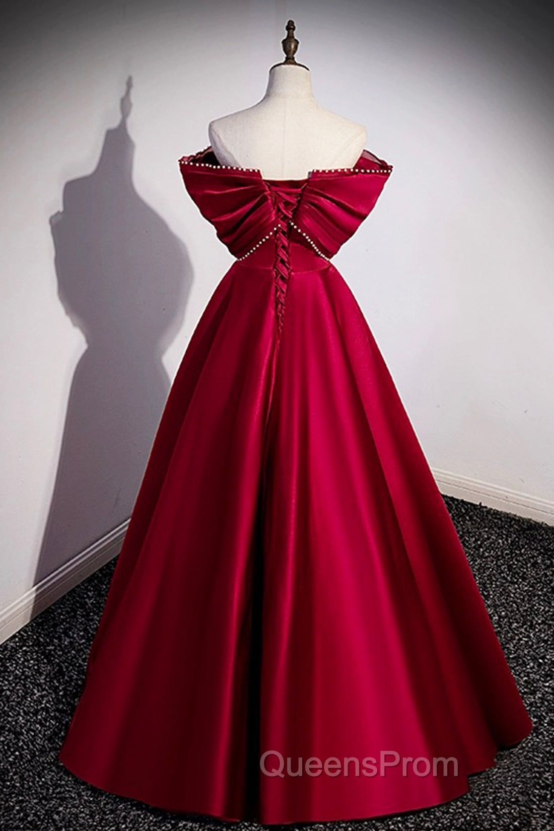 Burgundy Satin Floor Length Evening Prom Dress, A-Line Off the Shoulder Evening Party Dress