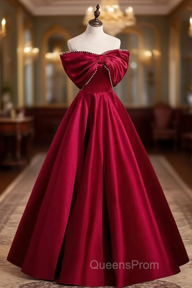 Burgundy Satin Floor Length Evening Prom Dress, A-Line Off the Shoulder Evening Party Dress Main image