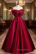 Burgundy Satin Floor Length Evening Prom Dress, A-Line Off the Shoulder Evening Party Dress