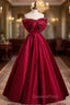 Burgundy Satin Floor Length Evening Prom Dress, A-Line Off the Shoulder Evening Party Dress