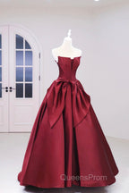Burgundy Satin Floor Length Evening Prom Dress, Beautiful A-Line Evening Party Dress