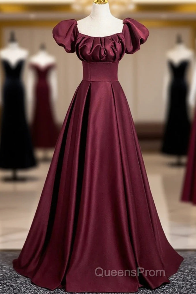 Burgundy Satin Floor Length Evening Prom Dress, Simple A-Line Evening Party Dress Main image