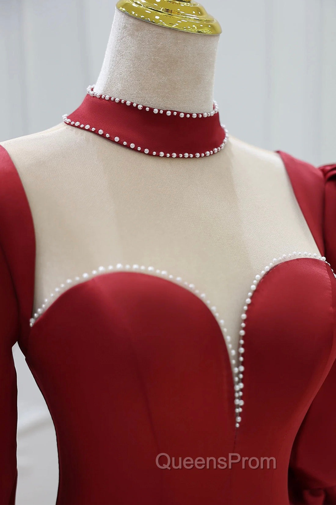 Burgundy Satin High Neck Long Evening Prom Dress, Burgundy A-Line Evening Party Dress Secondary image