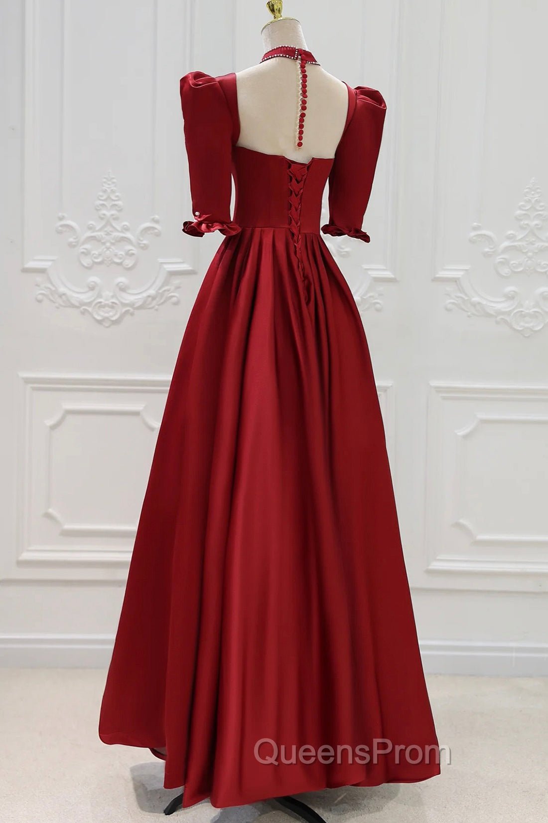 Burgundy Satin High Neck Long Evening Prom Dress, Burgundy A-Line Evening Party Dress