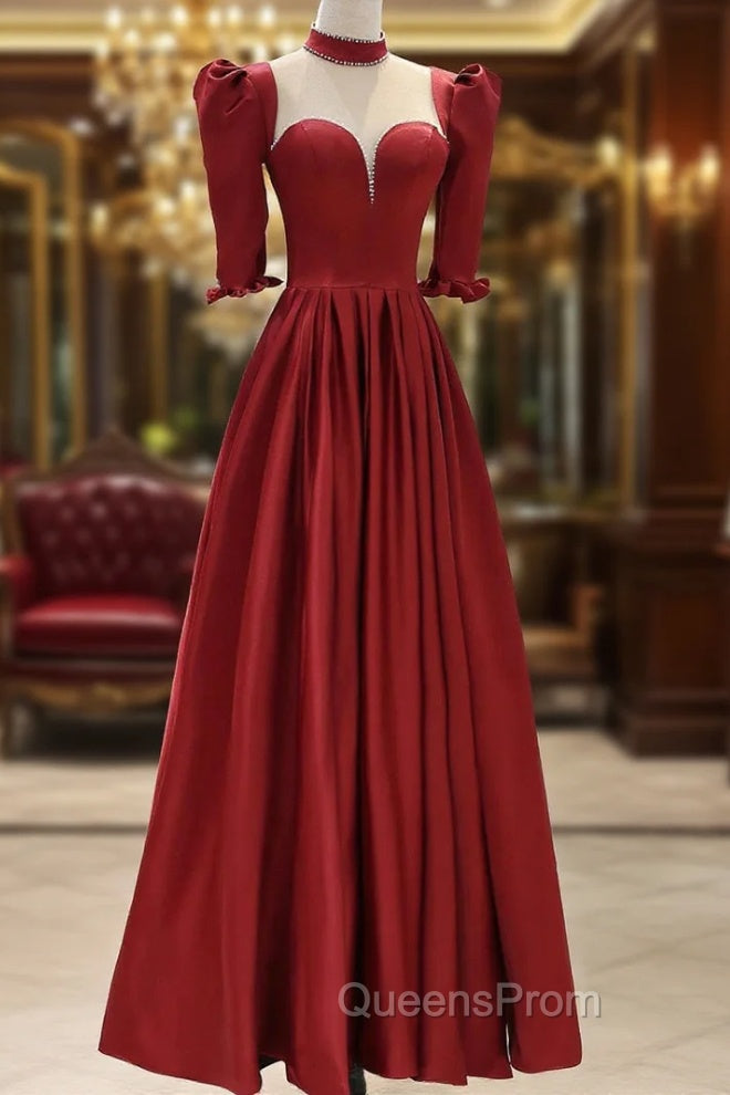 Burgundy Satin High Neck Long Evening Prom Dress, Burgundy A-Line Evening Party Dress Main image