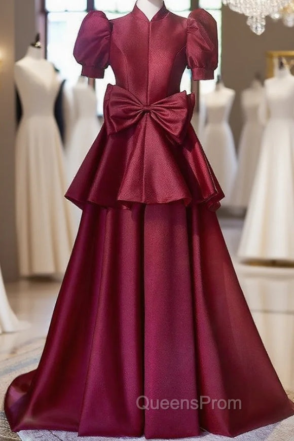 Burgundy Satin High Neck Puff Sleeve Bow Evening Prom Dress Main image