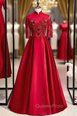 Burgundy Satin High Neck Short Sleeve Appliques Evening Prom Dress