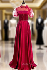 Burgundy Satin High Neck Short Sleeve Backless Beading Evening Prom Dress