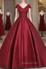 Burgundy Satin Lace Applique Scoop Neckline Long Evening Prom Dress