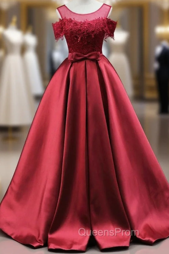 Burgundy Satin Lace Bow Evening Prom Dress Main image