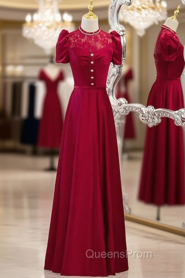 Burgundy Satin Lace Puff Sleeve Backless Evening Prom Dress