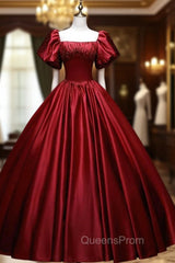 Burgundy Satin Long A-Line Evening Prom Dress, Burgundy Evening Dress