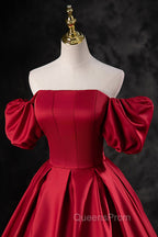 Burgundy Satin Long A-Line Evening Prom Dress, Off the Shoulder Evening Party Dress