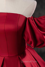 Burgundy Satin Long A-Line Evening Prom Dress, Off the Shoulder Evening Party Dress