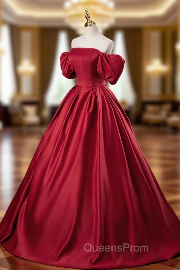 Burgundy Satin Long A-Line Evening Prom Dress, Off the Shoulder Evening Party Dress